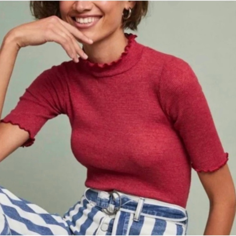 Anthropologie t.la Mock Neck Short Sleeve Rib Knit Top